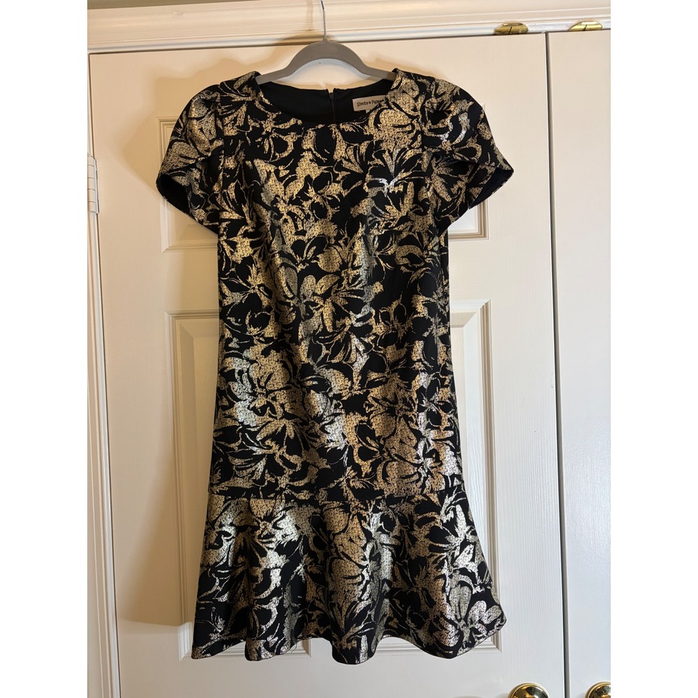 Shelby & Palmer Dress 6 Black Gold Metallic Floral Mini Ruffle Cocktail Feminine